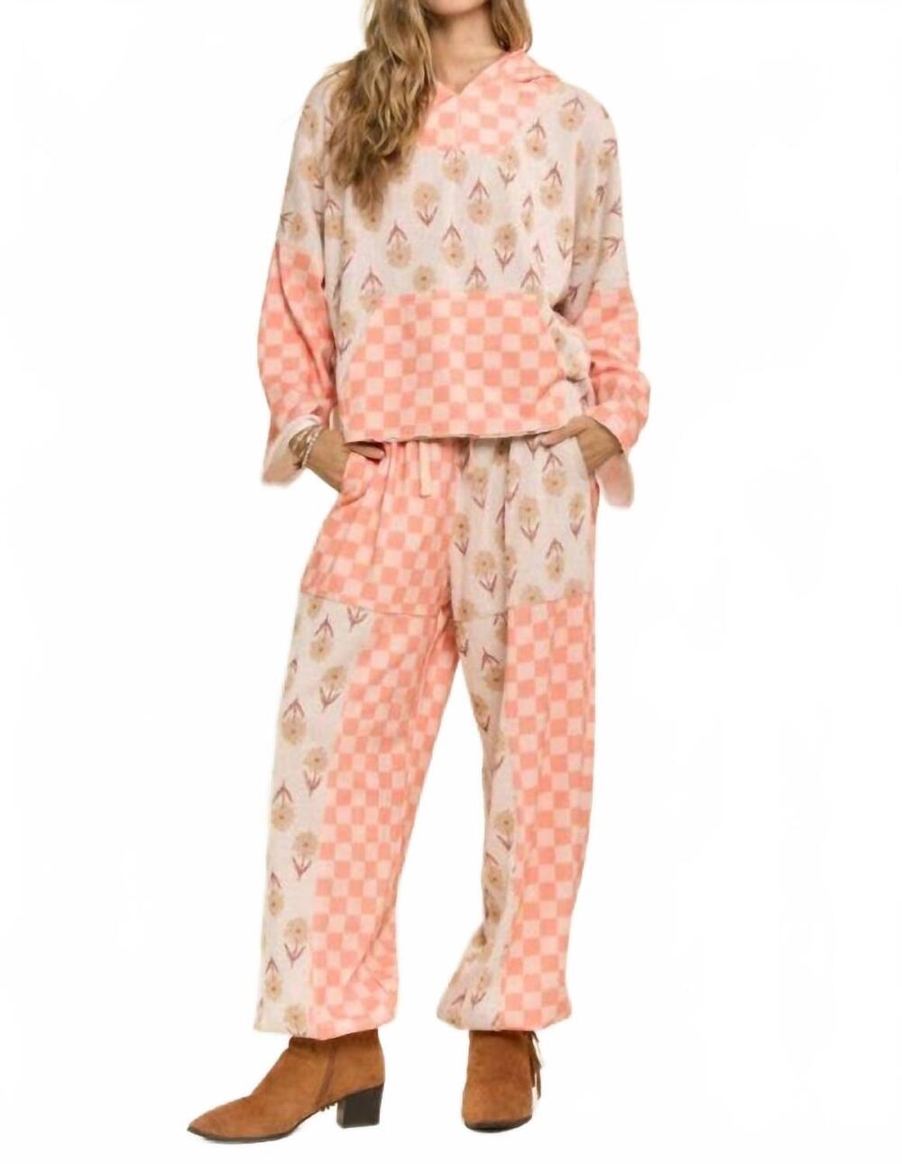 NEW DAVI & DANI retro floral checkered patchwork hoodie lounge set in beige mult